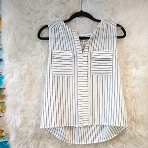 Monteau White and Navy Blue Striped V Neck Sleeveless Top Size M